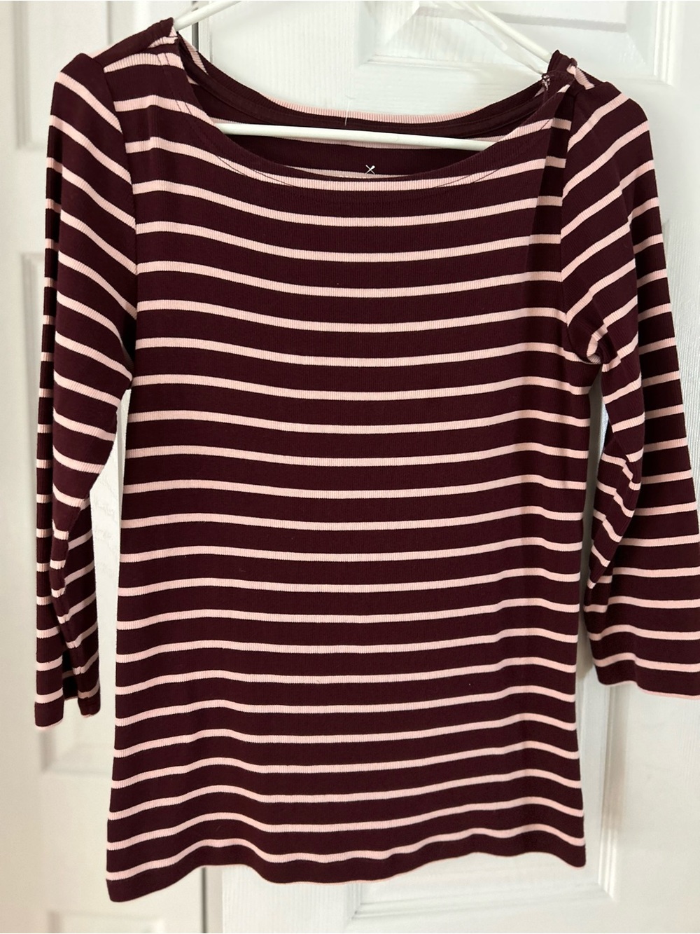 Denver Hayes Striped Long-Sleeve Scoop Neck Top - Burgundy and Light Pink